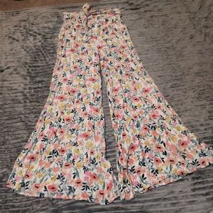 RIPCURL Gauzy Cotton High Rise Green/Pink Floral Wide Leg Cropped Pants Sz Med